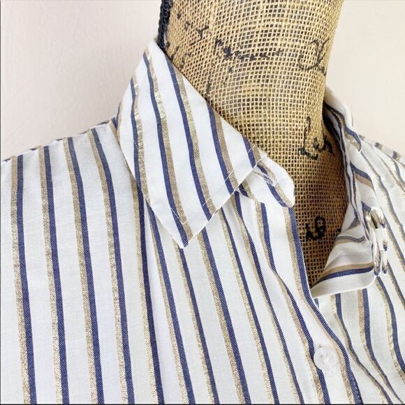 Express The Boxy Shirt Striped Button Front Shirt Blue White Gold Small - Picture 11 of 12
